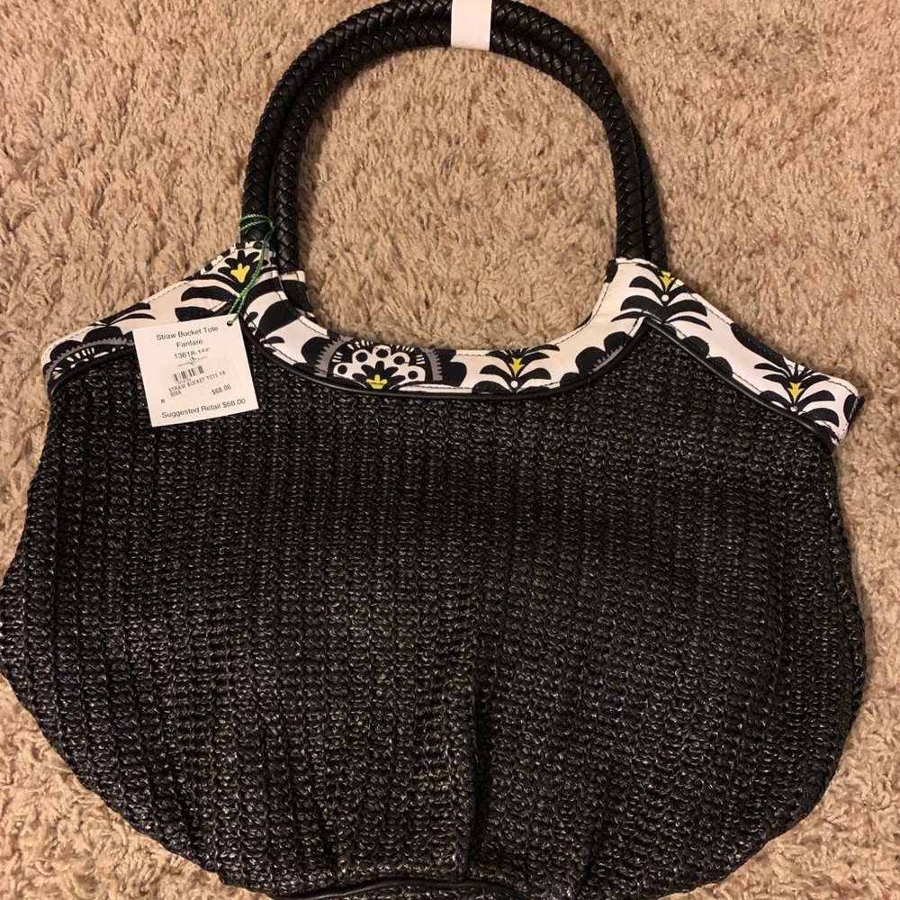 Vera Bradley Straw Black Fanfare Bucket Bag, pouch